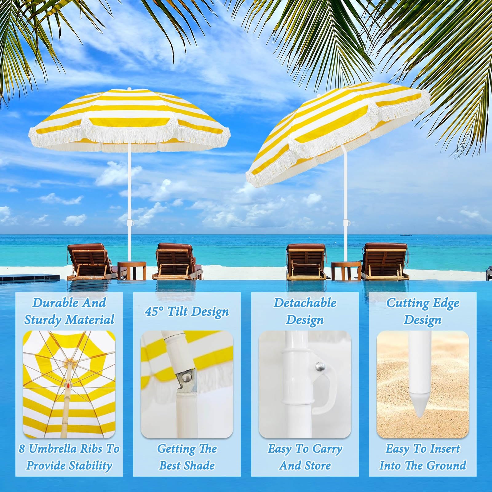 ELZEM Parasol Jardin 180cm Con Flecos Sombrilla Playa Antiviento Sombrilla Jardin Inclinable Parasol Terraza 8 Varillas Protección UV50+ Desmontable Para Terraza Jardin Playa Piscina/Altura Ajustable
