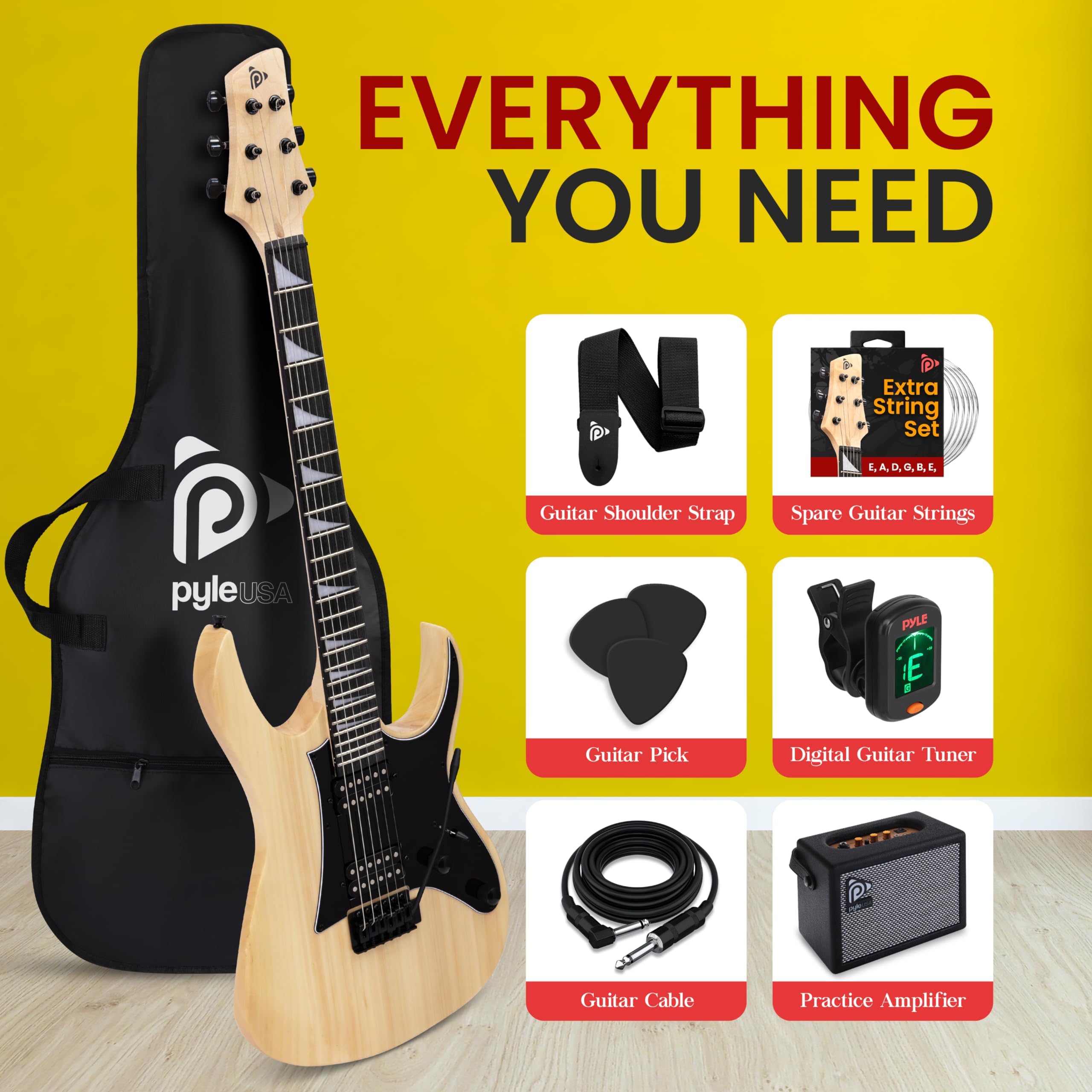 Pyle Prog Rock EG Series - Chitarra elettrica con kit amplificatore, 39 pollici, full size con due pickup Humbucker, manico basso profilo e corpo in paulonia massiccio, kit di accessori premium