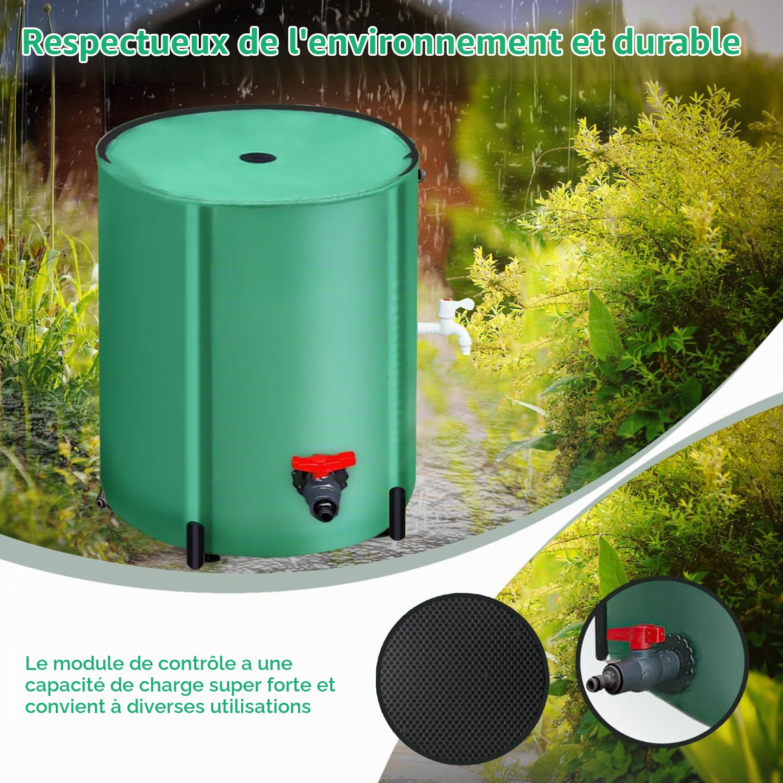 Seau à Pluie, 200L Récupérateur D'eau de Pluie Pliable Réservoir Eau Portable avec Couvercle Sortie D'eau Filtre à Mailles et 2 Robinets Reservoir Eau Vert pour Jardin avec Protection Anti-Débordement