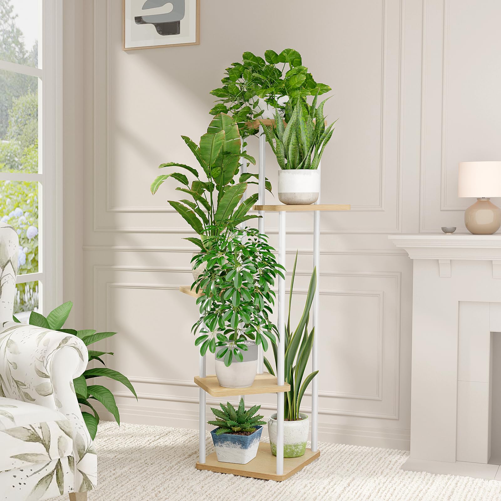 Bamworld Blumenständer Pflanzenständer Blumenhocker Pflanzenregal Indoor Weiss Blumenregal Blumentreppe Metall Outdoor Balkon Deko Wohnzimmer Blumentopf Zimmerpflanzen Pflanztisch(Weiß)