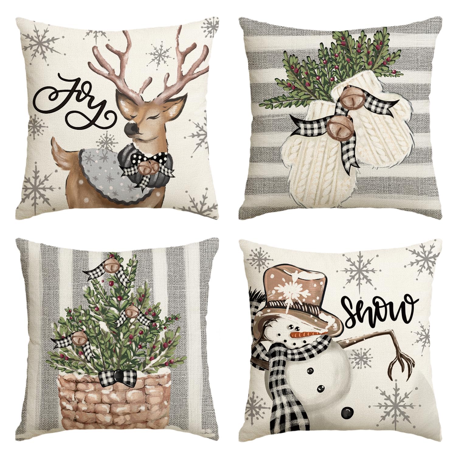 BIGTHREE Christmas Cushion Covers, White and Grey Vintage Christmas Cushion Covers 45x45CM Set of 4, Vintage Decor Throw Pillow Covers for Home Indoor Sofa Christmas Decor