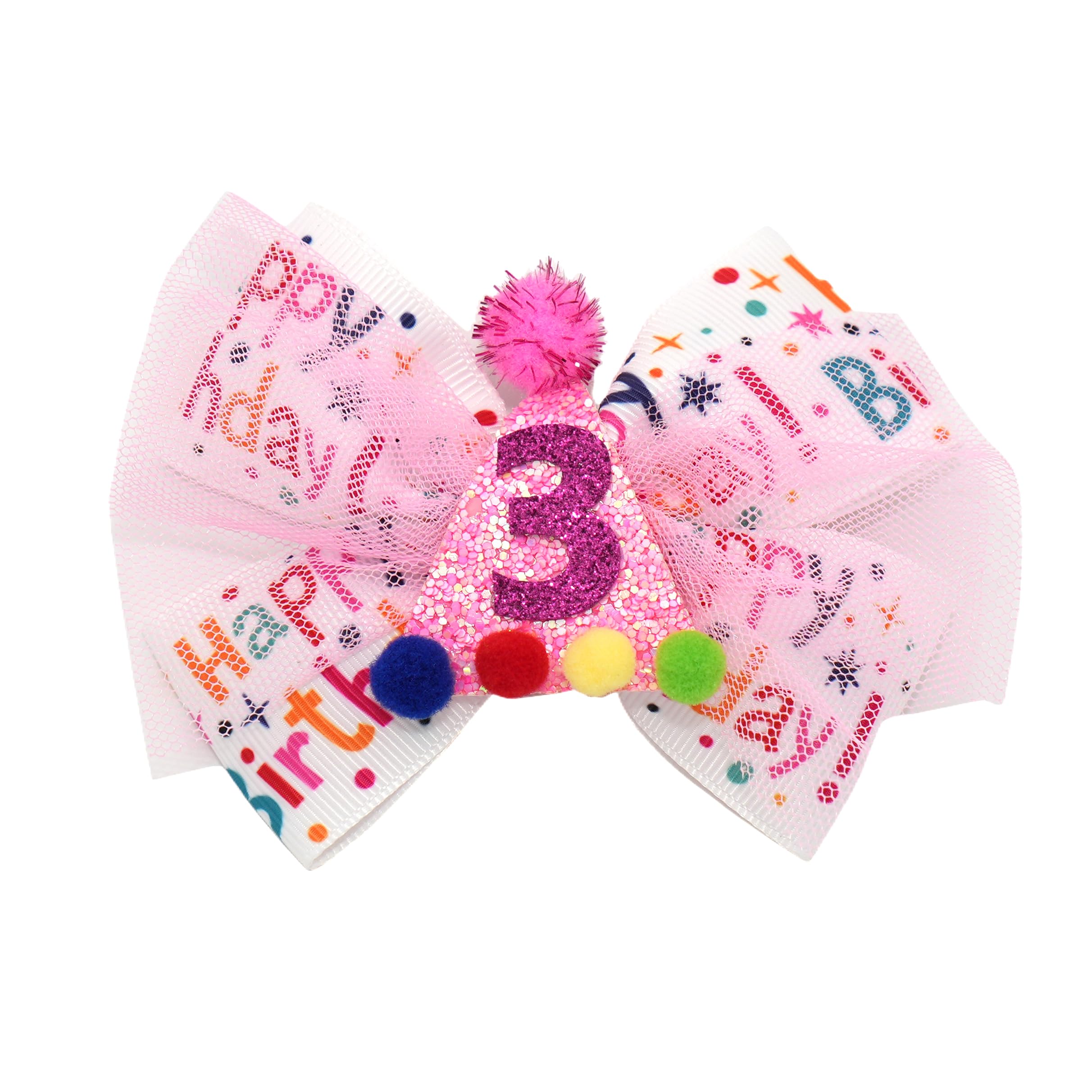 Bow para cabello cumpleaños para niñas de 1 a 6 años color rosa con decoración de confeti y helado brillante para fiesta de tercer cumpleaños