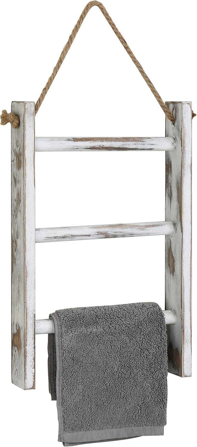 MyGift Rustic Whitewashed Solid Wood Wall Hanging Hand Towel Ladder Drying Rack, 3 Tier Bathroom Washcloth Hand Towel Storage Rack with Hanger Rope