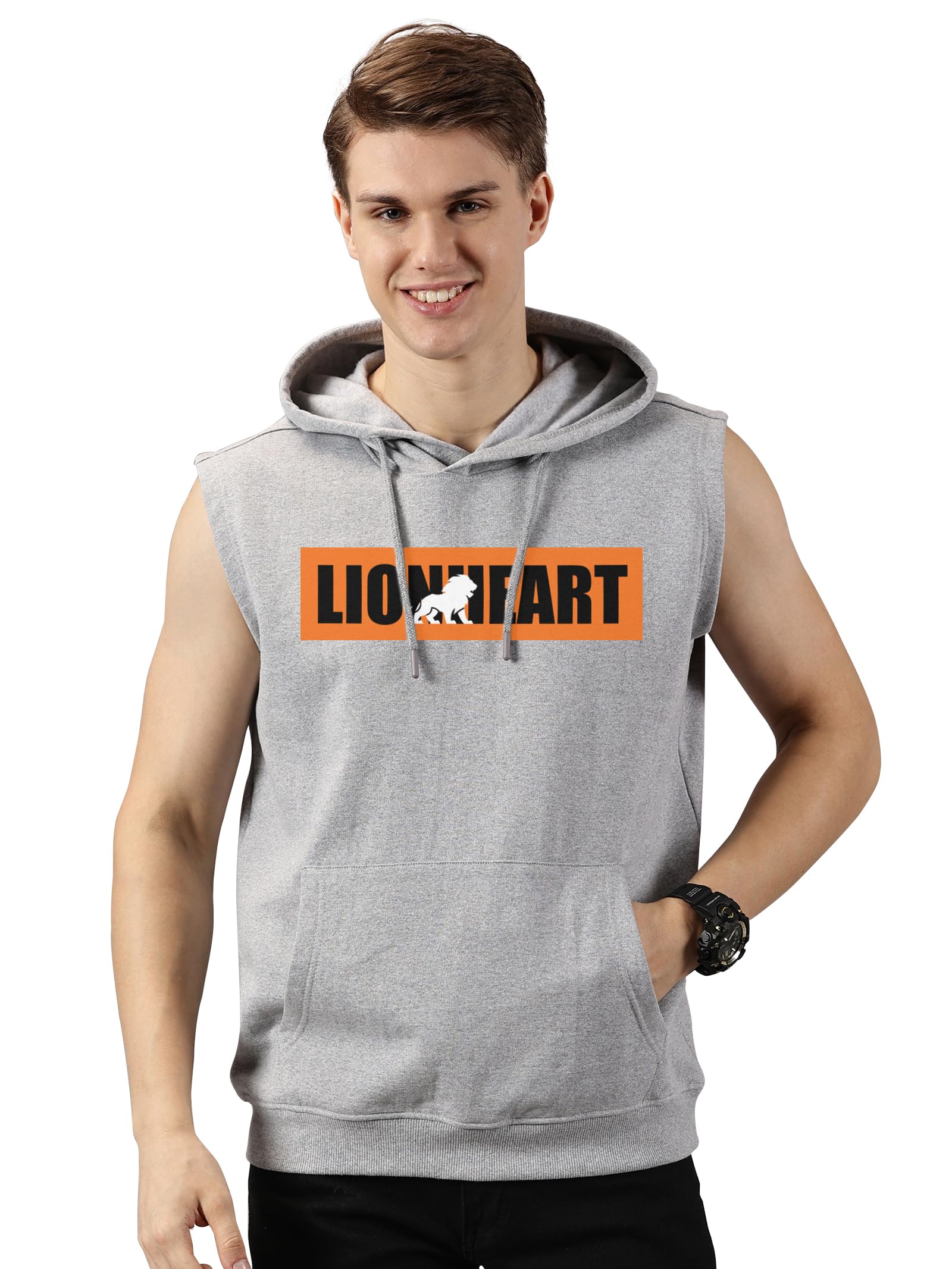 leon Men's Printed Sleeveless Hoodie | Poly Cotton Hooded Sweatshirt | Gym, Workout & Casual Wear | Regular Fit | Kangaroo Pocket-picture-20