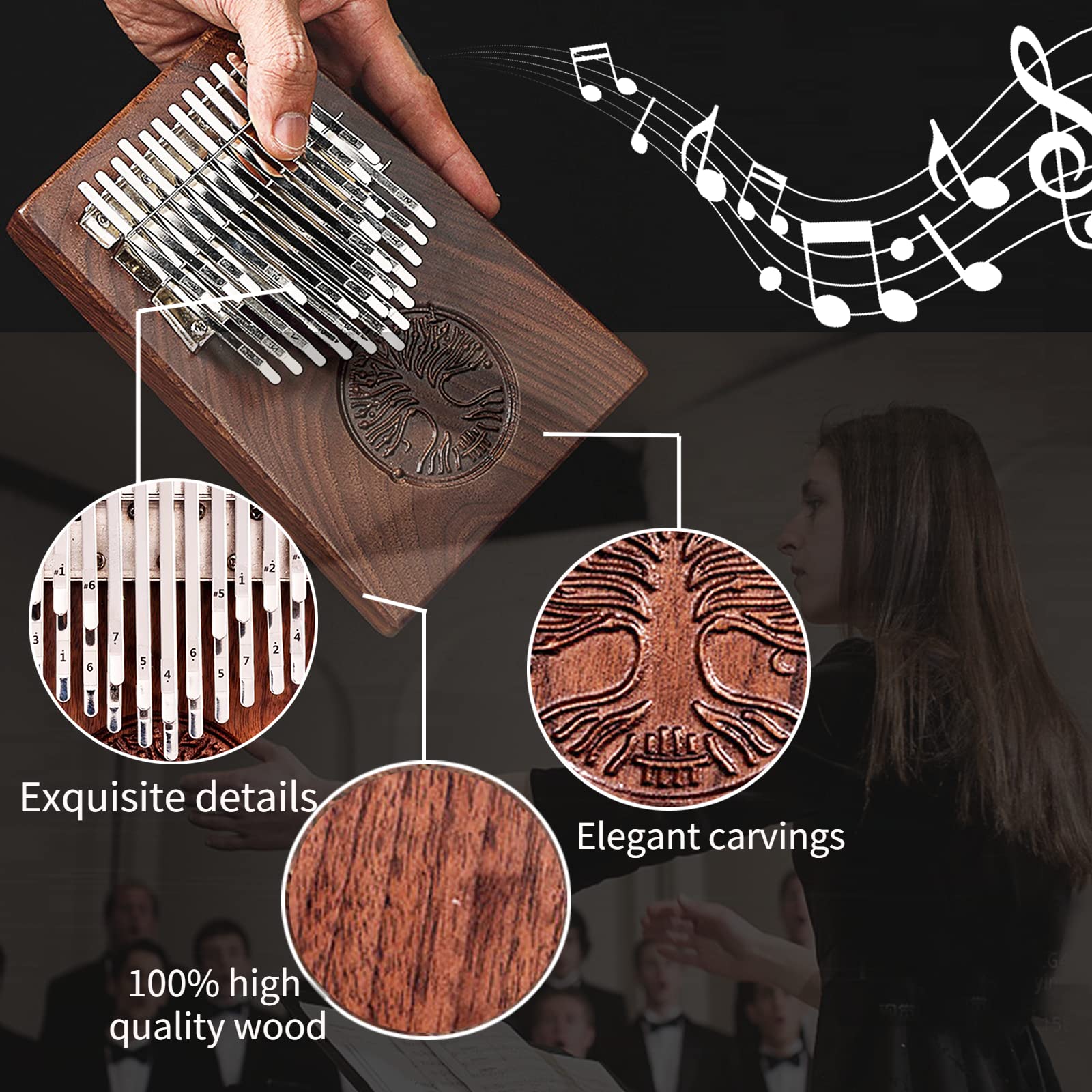 Hluru Kalimba Piano à pouce 24 touches pour adultes et enfants, son de qualité performante avec partitions kalimba
