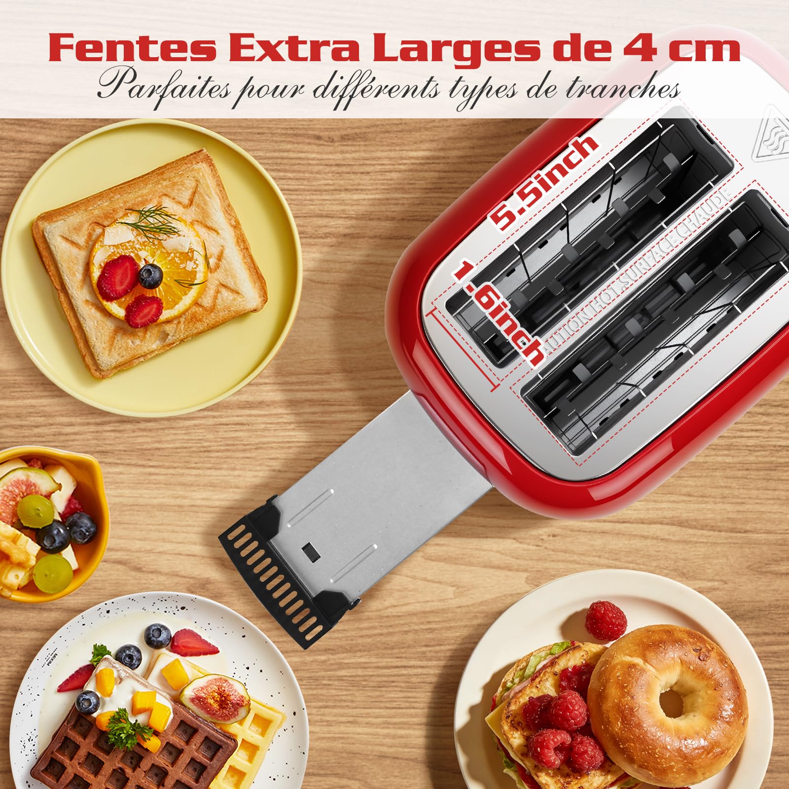 Aigostar Grille Pain, 2 Fentes Extra-Larges, Vintage Inox Rouge, Fonction Bagel/Décongélation/Réchauffage/Annulation, 6 Niveaux de Dorage, Tiroir Ramasse-Miettes Amovible, 800W