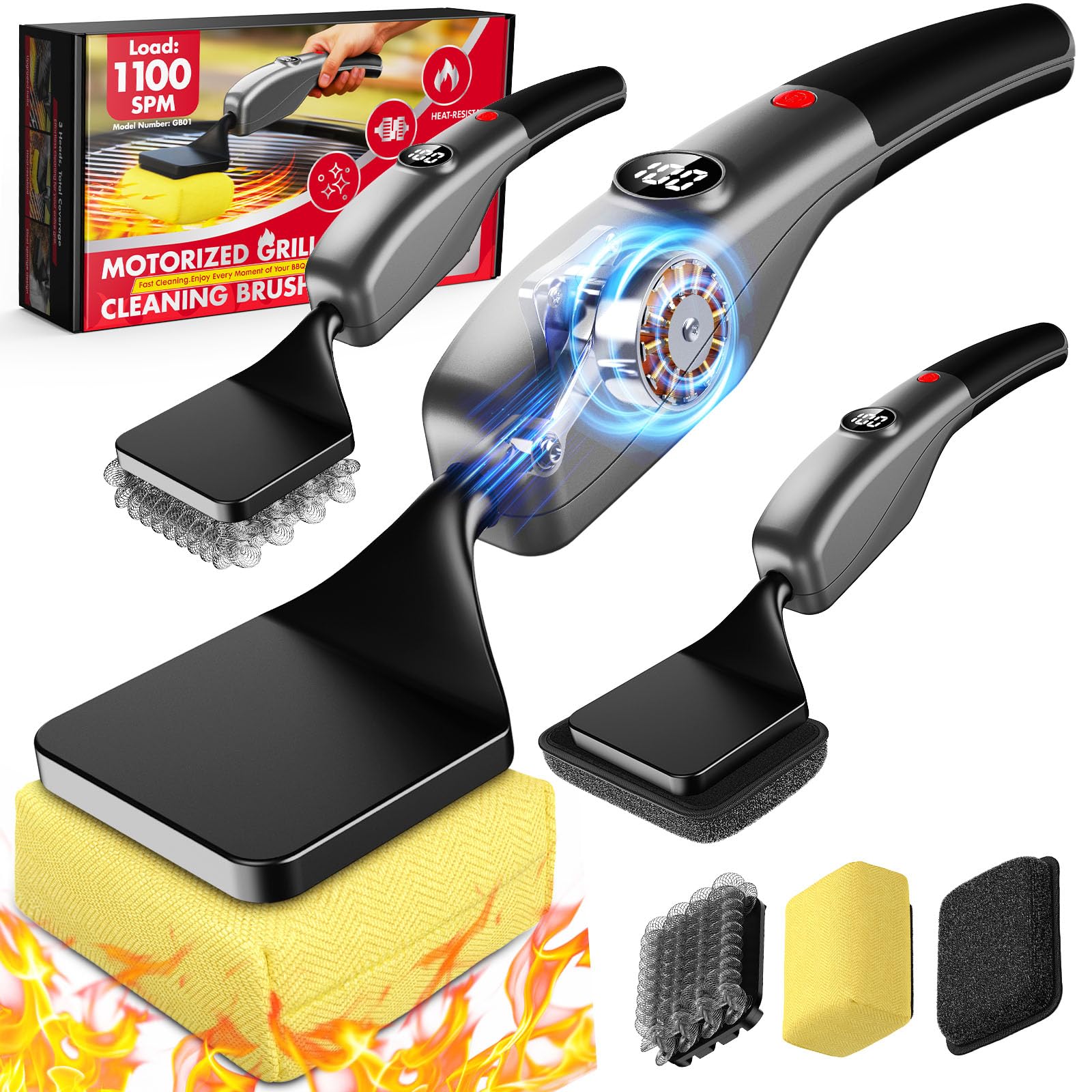 Photo 1 of Reciprocating Electric Grill Brush, Fire-Resistant BBQ Grill Brush, Bristle-Free Grill Brush for Outdoor Grill, Grill Cleaner with 3 Heads, Cordless Grill Cleaning Brush with 3600 mAn, Silver