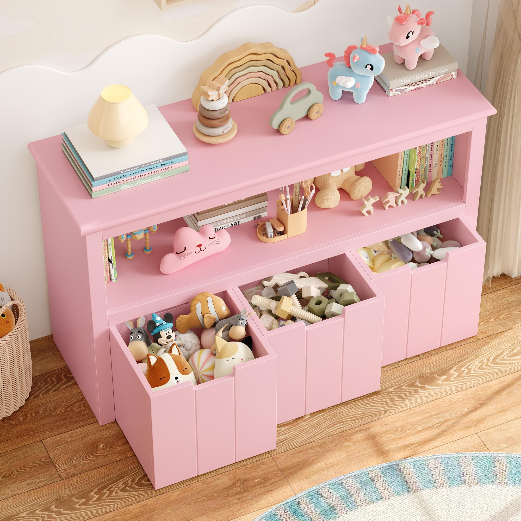 FOREHILL Kinderregal mit Boxen auf Rollen, Spielzeug Aufbewahrung Kinderzimmer Möbel, Spielzeugregal, Kinderschrank, Regal mit 3 Boxen, Truhen & Kisten für Kinder 102 x 33 x 61,5cm Rosa