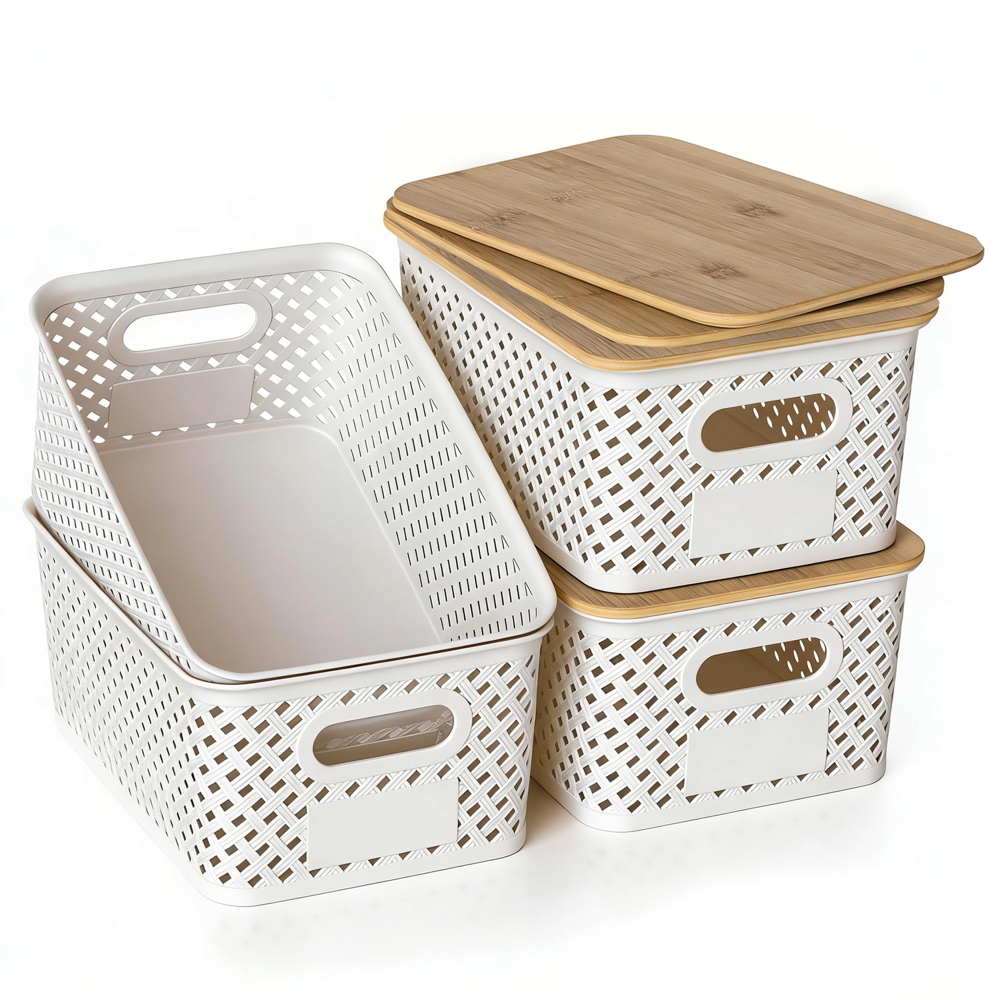 HapiLeap Plastic Storage Baskets With Bamboo Lid, Stackable Plastic Storage Boxes for Organizing Pantry Shelves Drawers Desktop Closet Playroom Classroom Office, 6 Pack (4-Pack White)