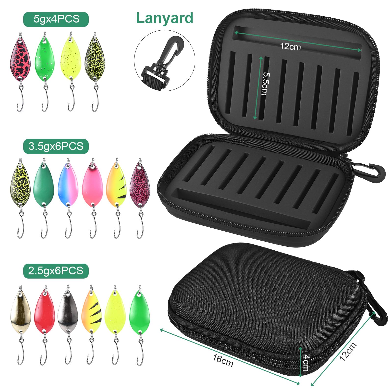 MumdoYAL 16 Pezzi Esche Artificiali Spinning, 2.5g/3.5g/5g Spoon Trout Area, Pesca Spinning Con Scatola Portaoggetti, Adatto per zanders, trota e altre specie