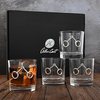 Arthur Court Horse Equestrian Bit Double Old Fashioned Whiskey Glasses (Set of 4) - Bourbon Cocktail Scotch Tumbler Bar Glasses Set DOF Lead-Free Glassware