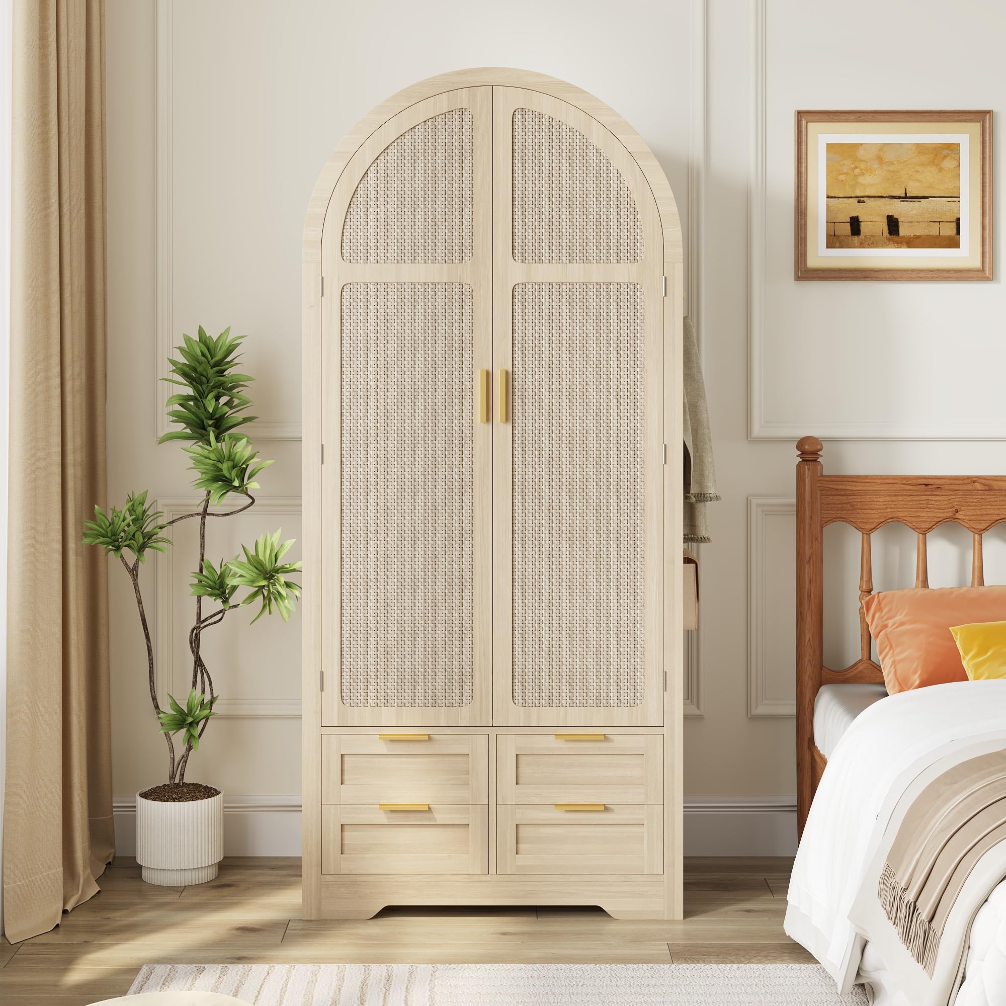 Armario con puertas curvas, amplio espacio de almacenamiento, armarios infantiles con barra para colgar ropa y cajones, compartimentos de almacenamiento de lujo, adecuado para dormitorios y áreas de