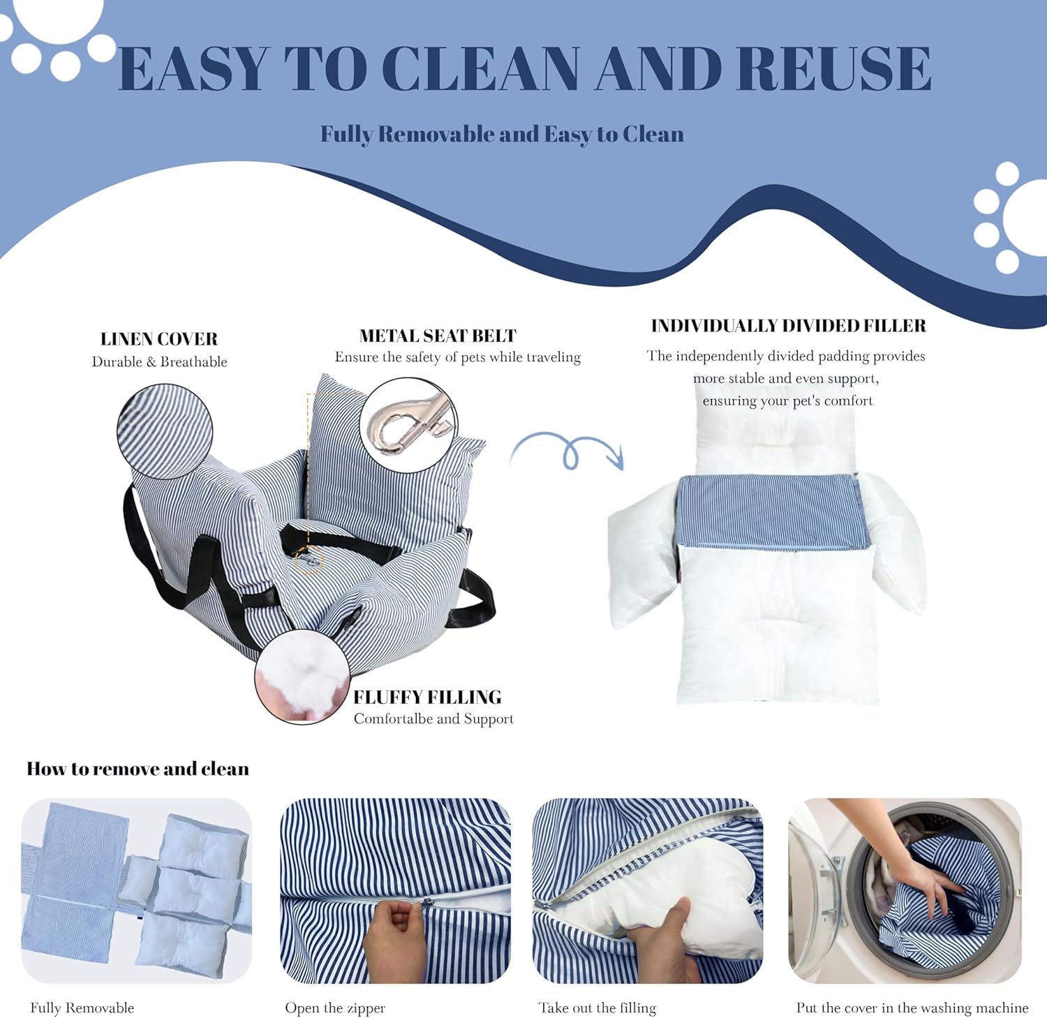 Versatile Dog Booster Car Seat Bed for Small Dogs Puppy Cats Pet Carrier with Side Pockets, Expandable Dog Bed for Auto, Blue Stripes