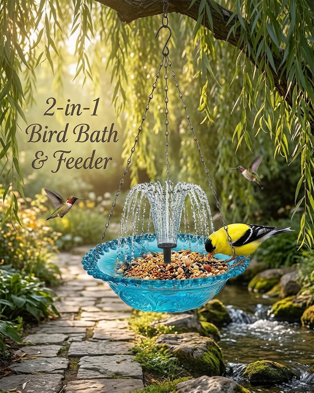 Solar Cascade Hanging Humming Bird Bath Fountain with Outdoor Bowl Pump for Glass Hummingbird Fountains Solars Power Water Powered Birdbath Large Birds Baths Decorative Garden Patio Yard(Pink)