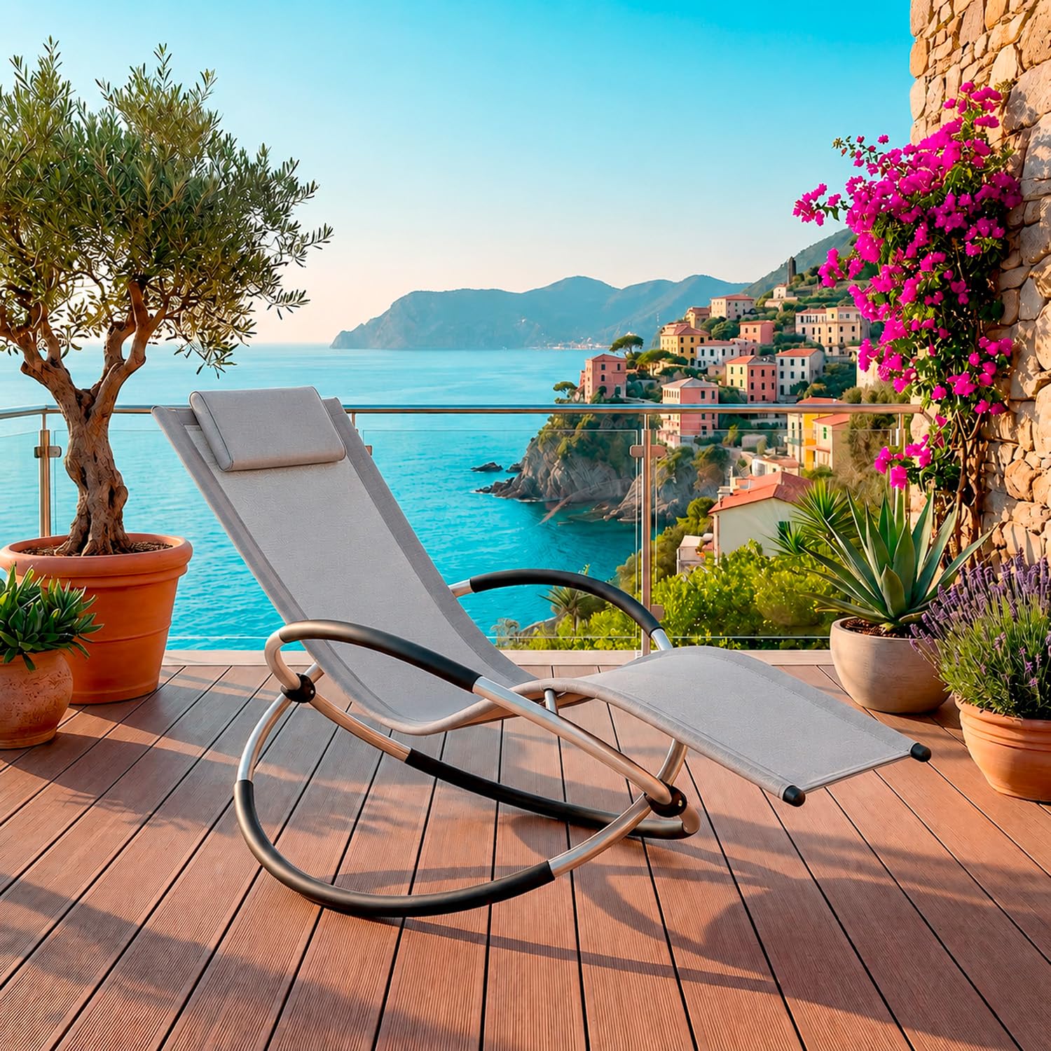 Poltrona Sdraio A Dondolo Basculante Per Giardino E Piscina Con Poggiatesta Removibile Telaio In Metallo Textilene Traspirante Ergonomica Da Esterno 73 x 150 x 93 Cm Grigio