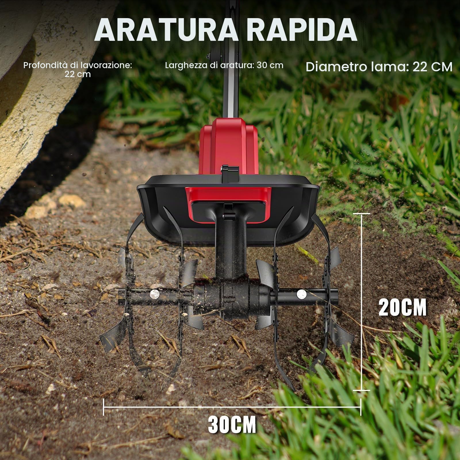 Fresa da giardino, mini motozappa, batteria da 21 V, 550 W, larghezza di lavoro 30 cm, profondità di lavoro 200 mm, 4 robusti coltelli da hacking, manico pieghevole, per piccole aiuole e giardino (2