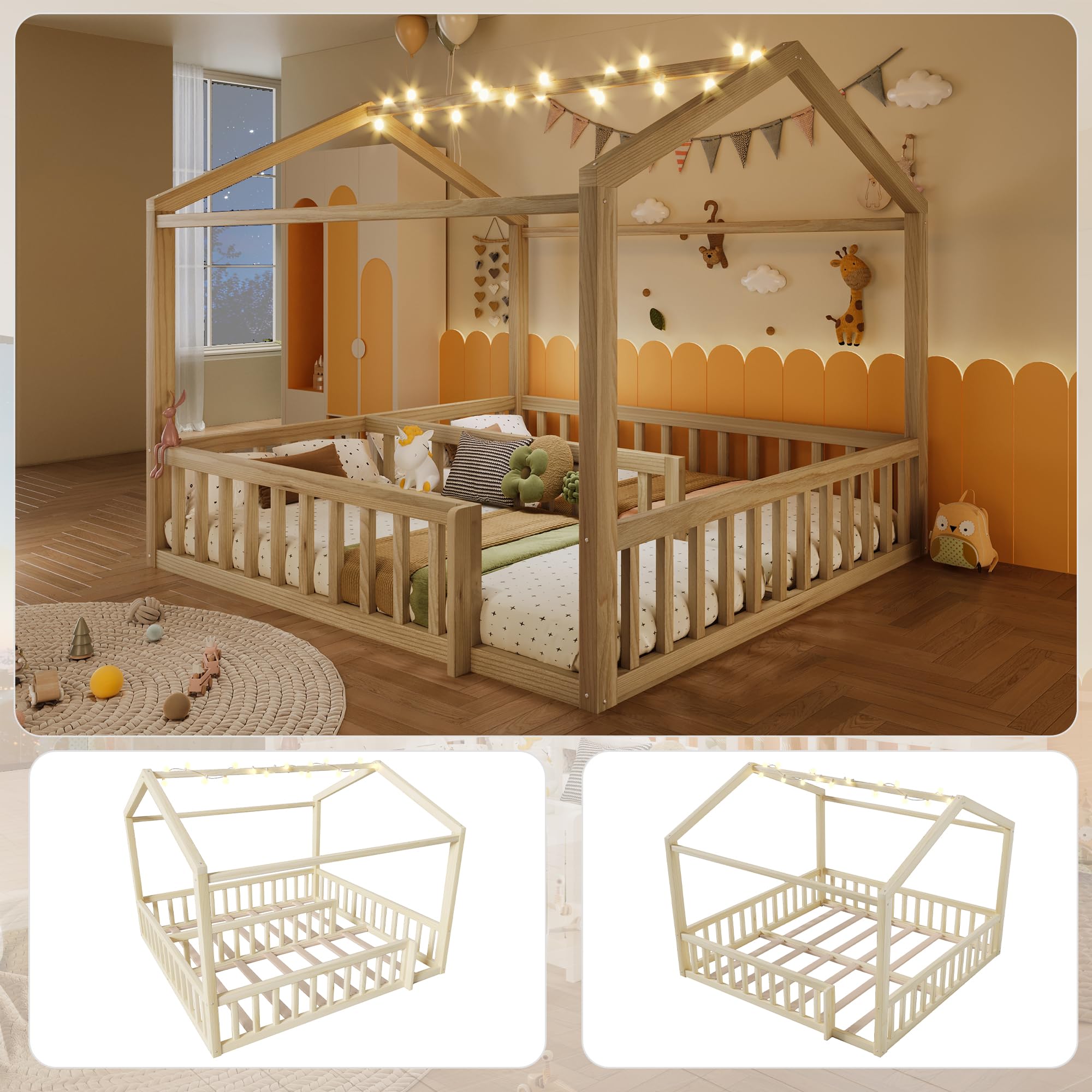 Soweiz Letto piano con rete a doghe, 90 x 190 cm x 2/180 x 190 cm, lettino con griglia, listello in legno di pino, senza materasso, perline LED (naturale)