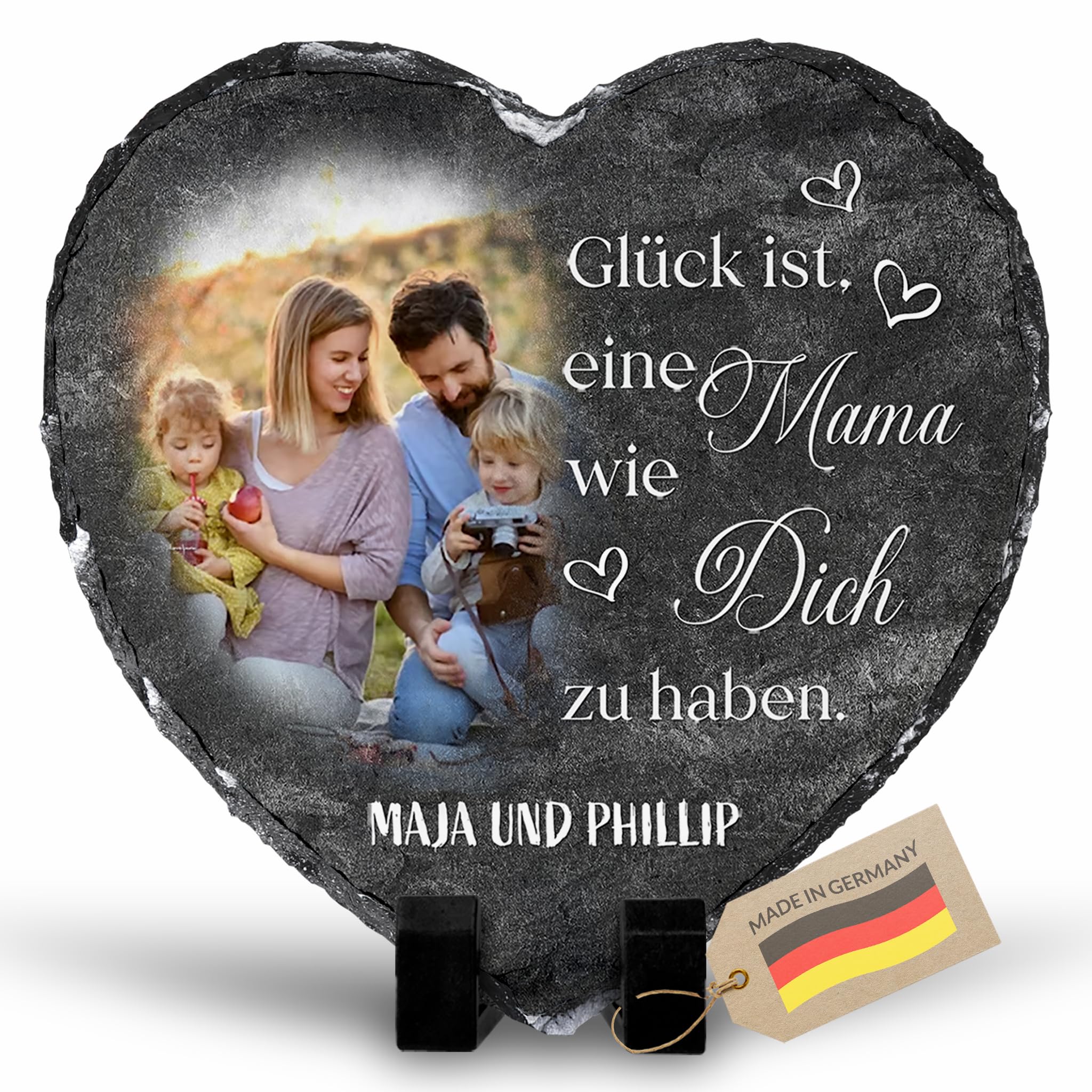 Mama Foto-Geschenk Personalisierte Herz-Schiefertafel mit Foto und Name Muttertagsgeschenk-Idee Schieferstein Fototafel Dekoration Erinnerung Eltern ca. 14 x 14 cm (mit Aufstellern)