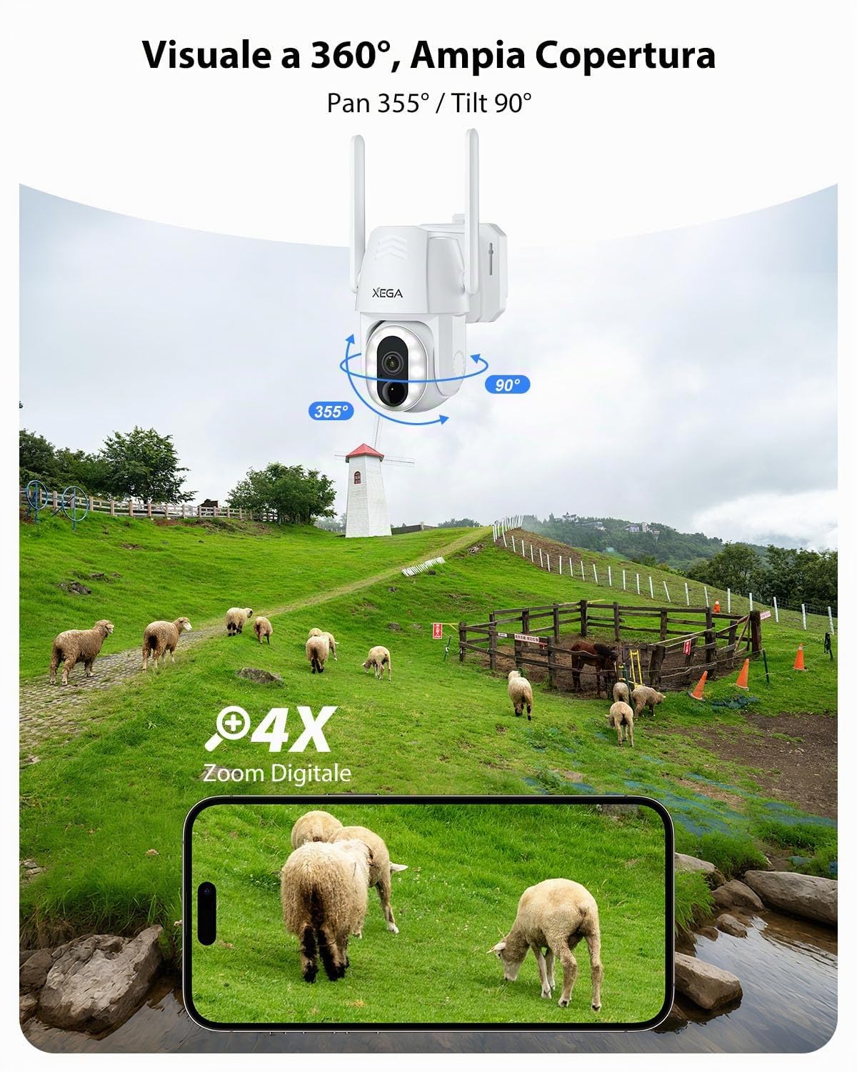 Xega Telecamera Esterno 4G LTE con Pannello Solare con SIM, Senza Wifi, 2K | Circolare 500 Lumen, Audio bidirezionale, Visione notturna colori,IP66, PTZ,Videocamera Senza Fili, Abbonamento pagante