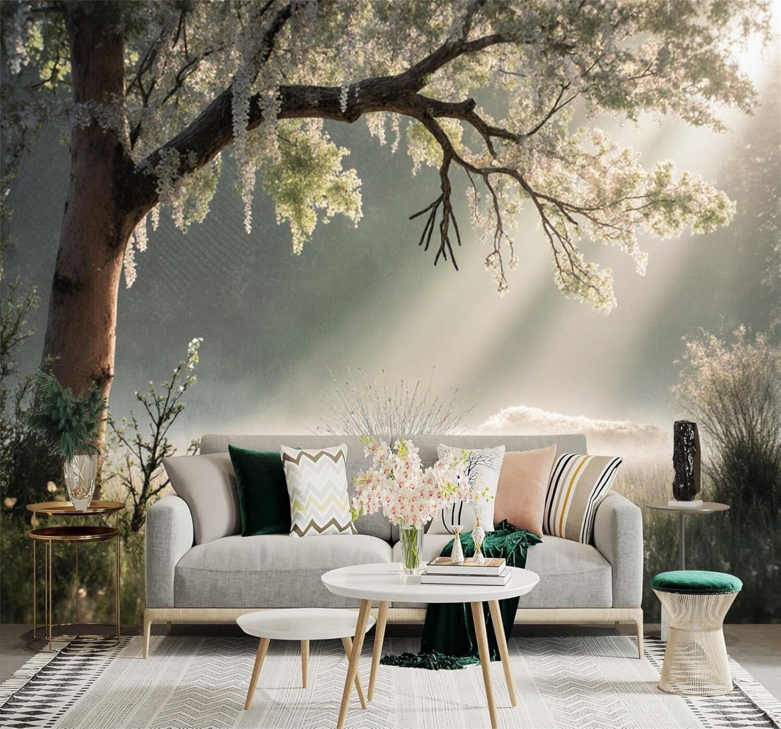 Morning Light Filtering Through The Leaves Onto A Mist Shrouded Meadow Natural Landscape Modern 3D Wallpaper Premium Textured Silk Neutral Tones Material Ideal for Living Room Bedroom-150cm×105cm