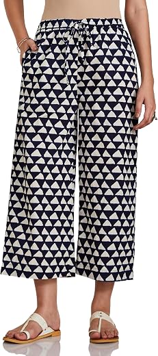 Amazon Brand - Myx Women's Palazzo Bottom (MRCoreBT01_Indigo Triangles_X-Large)