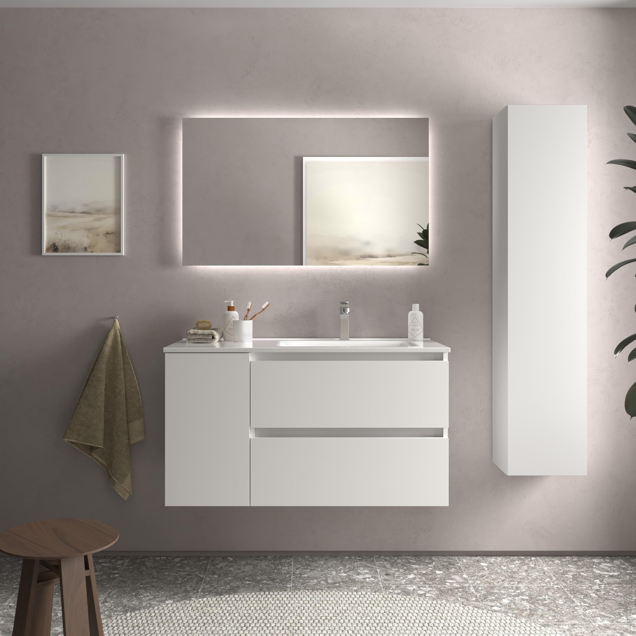 Salgar Mueble de Baño Bequia 100cm + Coqueta 1 Puerta Izquierda + Lavabo cerámica | Blanco Mate |100x45x56