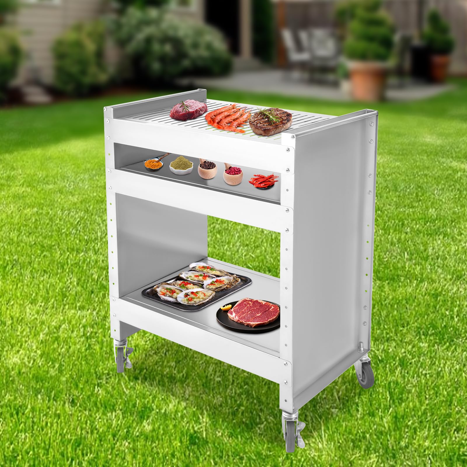3-poziomowy grill na kółkach ze stali nierdzewnej, wózek kuchenny z kółkami i regulowaną półką, metalowy grill stojący, na kemping, piknik