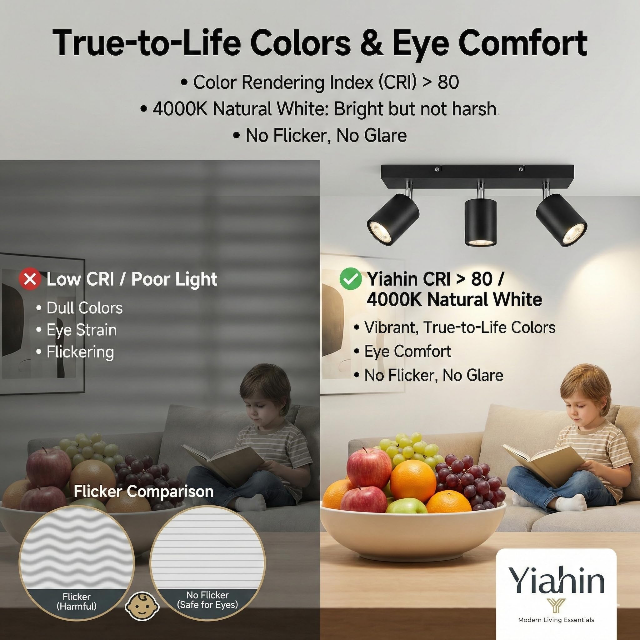 Yiahin Plafonnier LED 3 Spots Noir Orientable avec 3 Ampoules GU10 4000K Blanc Neutre - Barre de Spots Rectangulaire Métal - Éclairage Naturel Prêt à l'Emploi pour Cuisine, Couloir et Dressing