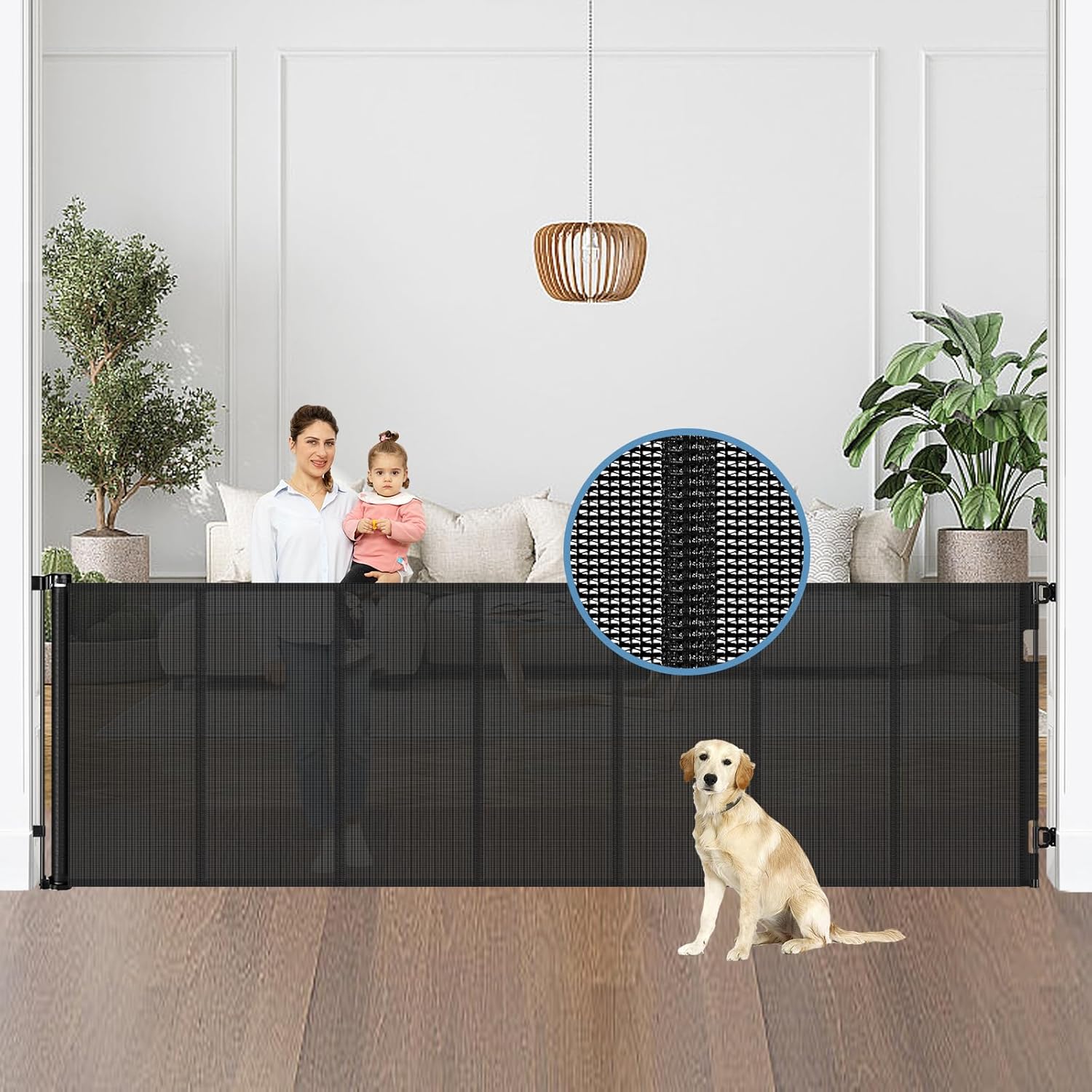 Reinforced 75” Wide Retractable Dog Gate with Support Rods, Upgrade Extra Wide Retractable Baby Gates for Doorways Long Mesh Gate for Kids and Pets Safety Child Gate for Stairs Toddler Gate (Gray)