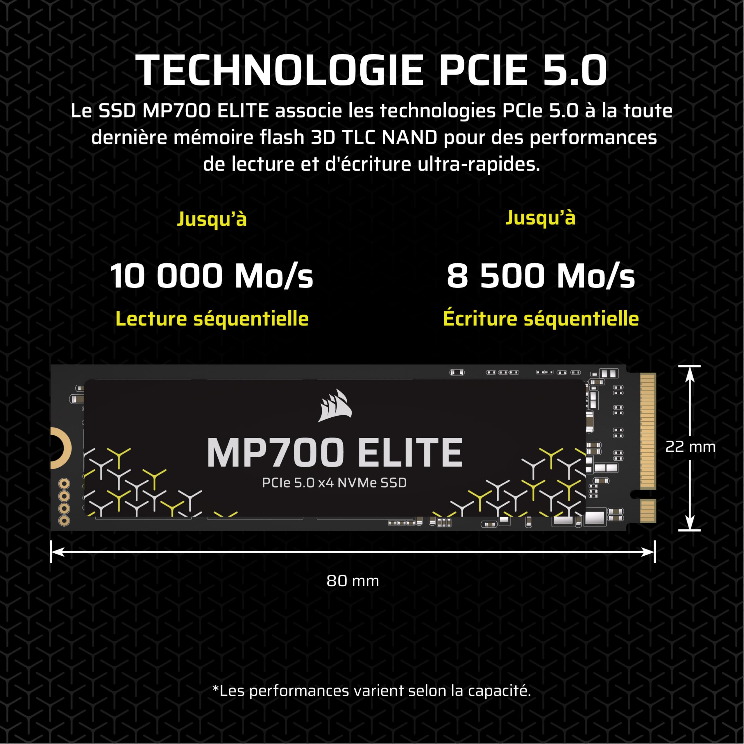 Corsair MP700 Elite 1 to PCIe 5.0 x4 NVMe M.2 SSD – Jusqu'à 10,000MB/sec – Haute Densité 3D TLC NAND – M.2 2280 – Compatible DirectStorage – Noir