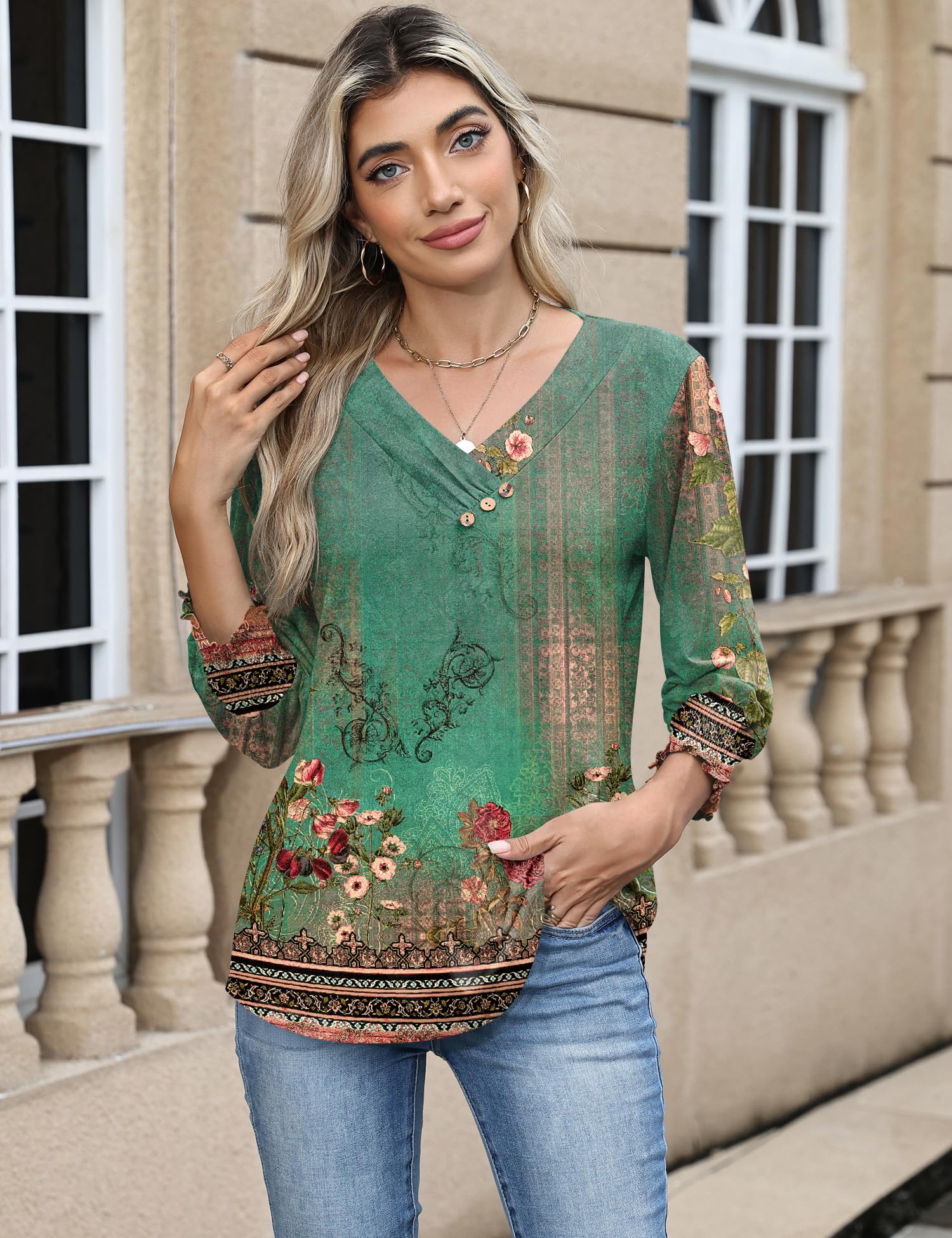 Rapbin Bluse Damen 3/4 Arm Shirt Elegant V-Ausschnitt Tunika Sommer Tops Lässig Oberteil Mit Knopfleiste 2026