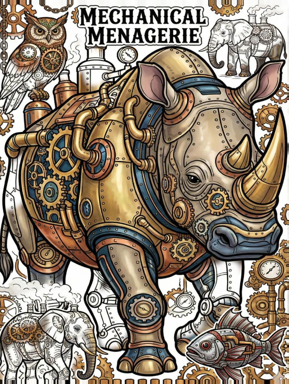 Mechanical Menagerie: A Steampunk Animals Coloring Book for Adults featuring Intricate Gears, Mechanical Designs, and Stress Relieving Patterns