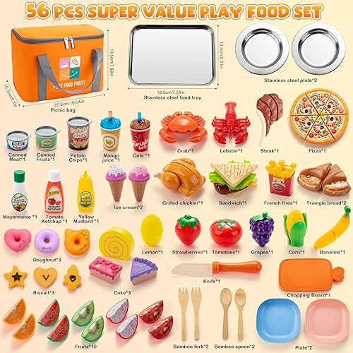 Miniatura 7 de Juboury Juego de alimentos de simulación para niños pequeños, juguete de corte de alimentos con bolsa de almacenamiento, bandeja y platos de acero