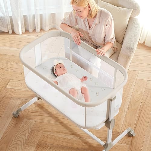 Fodoss Moisés de noche para bebé, moisés de malla con ruedas, cuna de bebé ajustable de 7 alturas para bebés, color beige