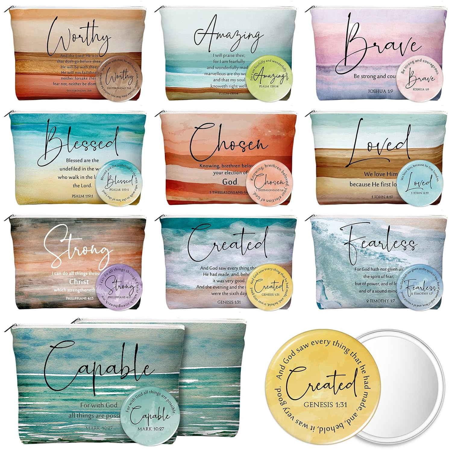 Reginary 10 Set Christian Gifts for Women Bulk Include 10 Religious Canvas Makeup Bags 10 Bible Verse Compact Mirrors Easter Inspirational Church Gifts Sister Mom(Bright Colors,Bible Words)