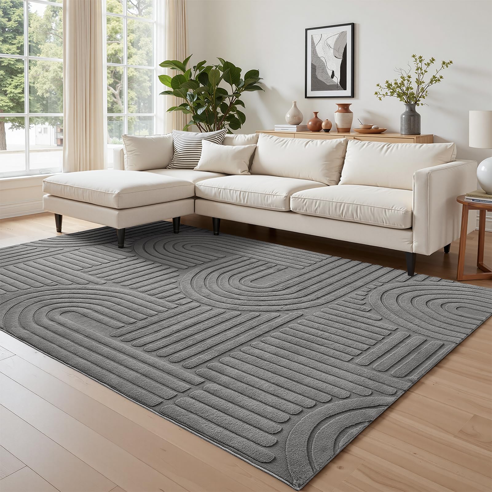 Topfinel Tappeto Grigio Soggiorno 160x230 cm, Lavabile, Pelo Corto Moderno, Effetto Onda 3D, Morbido, Soffice, Antiscivolo, Effetto Pelliccia, per Camera Letto, Sala Pranzo, Bambini, Ufficio