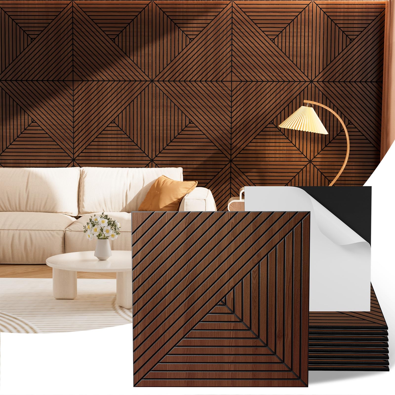 Vellorise 어쿠스틱 벽 패널, 8피스 60 x 60cm(23.75 x 23.4인치) PVC 필 앤 스틱 벽 패널, 고밀도 폴리에스터 섬유, 내부 벽 장식, 녹음 스튜디오용 자체 접착 방음, 월넛