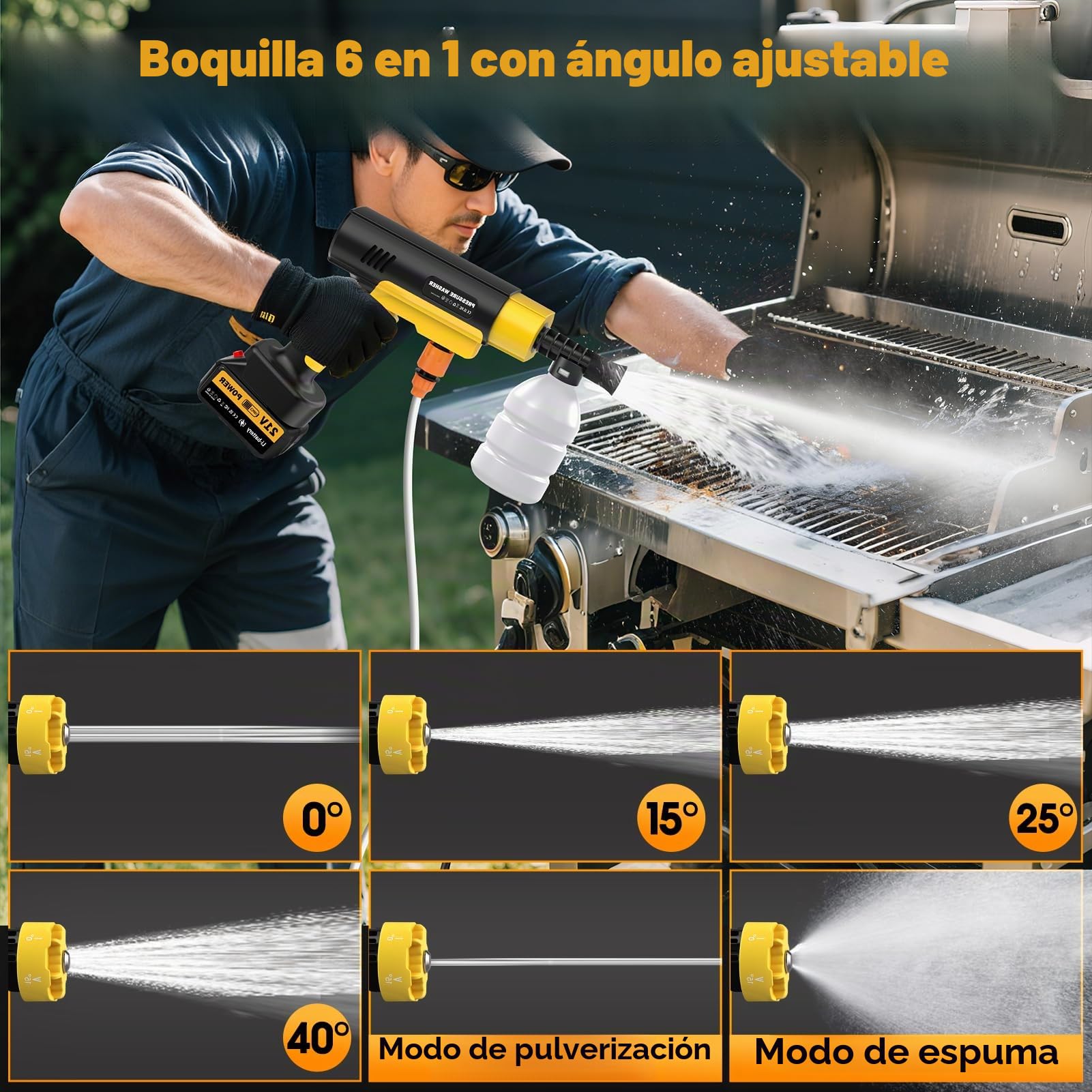21V Hidrolimpiadora Bateria, 130Bar/1880PSI, 8L/min, 6 en 1 Boquilla con 5M Manguera, 2×3.0Ah Baterías, Alcance 12m para Coche Patio Jardín Limpieza Suelos (con Caja de Herramientas)