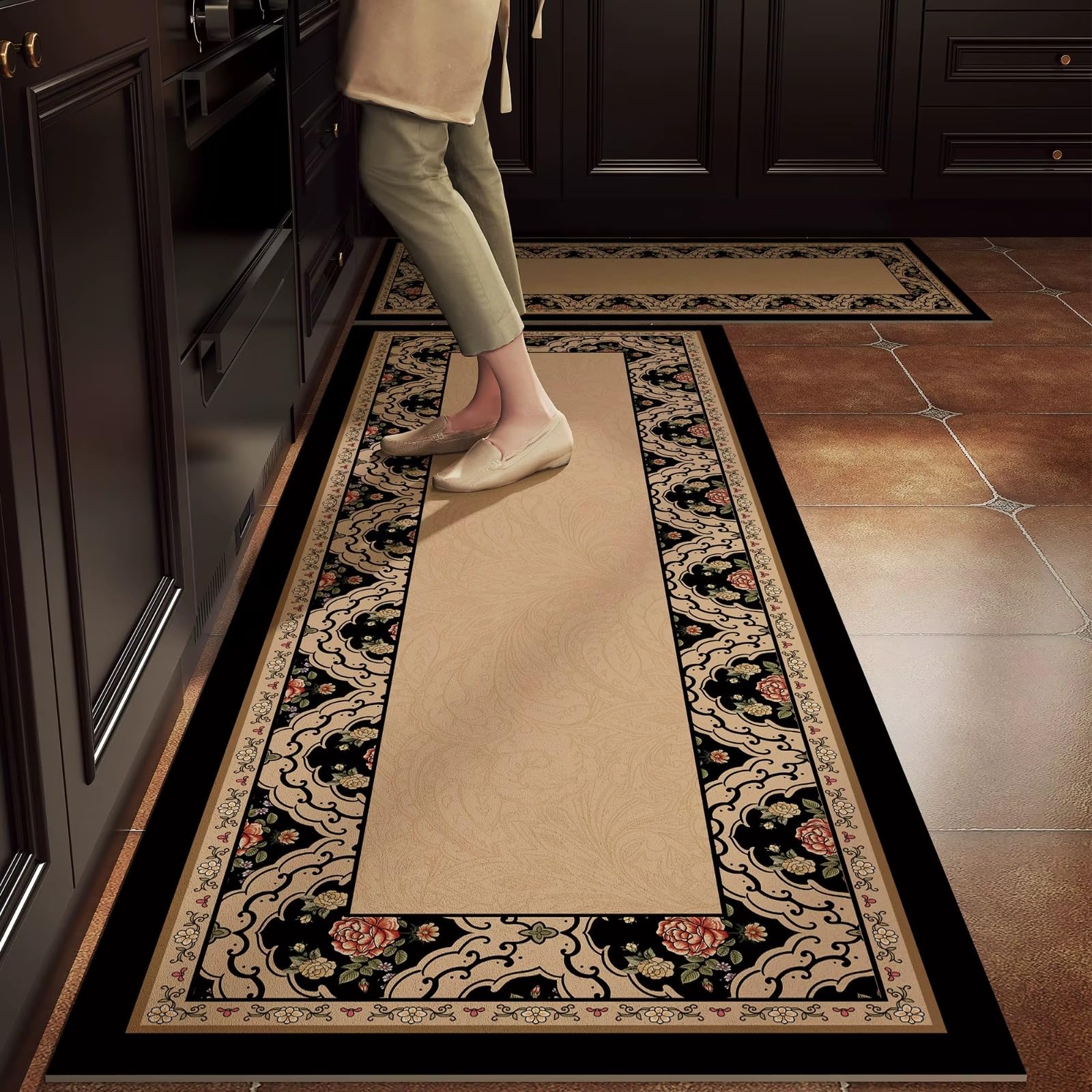 Roslen Kitchen Mat for Floor Anti Slip, 2 Pcs Non Slip Kitchen Mats for Floor, Washable Kitchen Floor Rugs with Rubber Backing, Comfortable Standing Mat for Kitchen, Sink, Balcony & Office