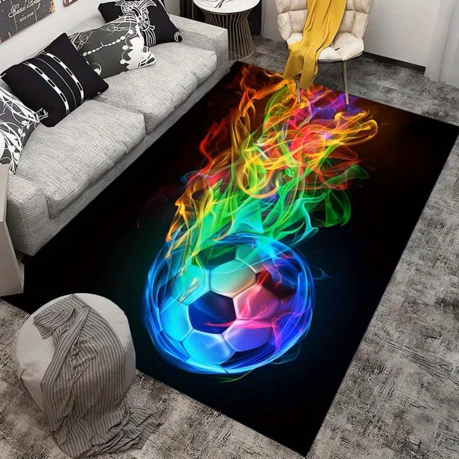Cooler Fußball Teppich 140x200cm mit Buntem Flammen Motiv - Rutschfester Wohnzimmerteppich für Kinderzimmer Spielzimmer Jugendzimmer, Waschbar & Weich