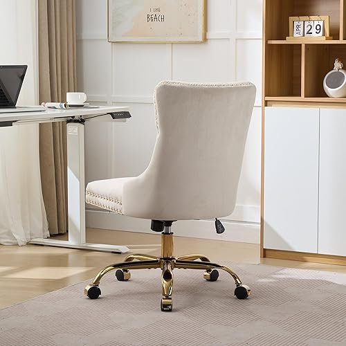 Miniatura 7 de Goujxcy Silla de escritorio, moderna silla de oficina en casa tapizada de terciopelo, sillas de escritorio giratorias de 360 sin brazos, sillas