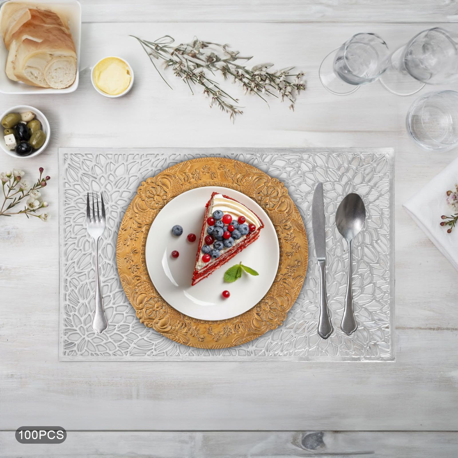 100 Stück Goldene Wiederverwendbare Platzteller, 33cm (Muster-A) | European Retro Einfarbige Unterteller, Runde Mehrweg Servierteller für Hochzeit, Party, Restaurant
