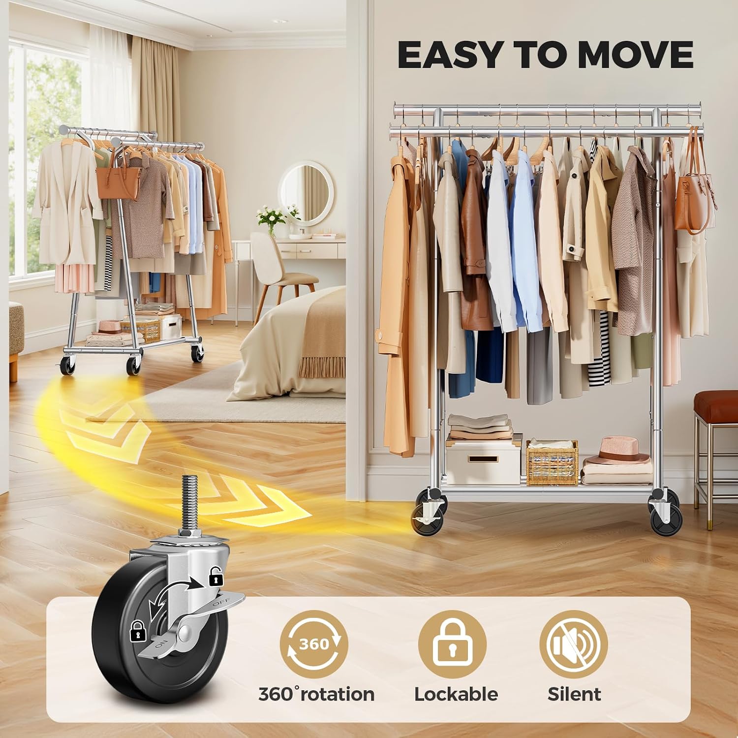 Heavy Duty Clothes Rack - Load 600 LBS, Double Rod Clothing Rack for Hanging Clothes with Shelves, Portable Garment Rack for Bedroom, Laundry, Living Room, Silver