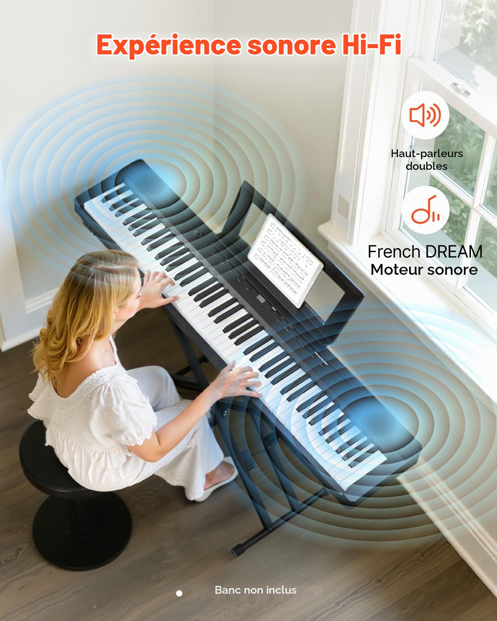 VEVOR Piano Numérique 88 Touches Lestées, Mode Double Clavier et Haut-parleurs, avec Support en X, Pédale de Sustain, Fonction Enregistrement, 280 Sonorités, Connexion Sans Fil, pour Débutants, Noir