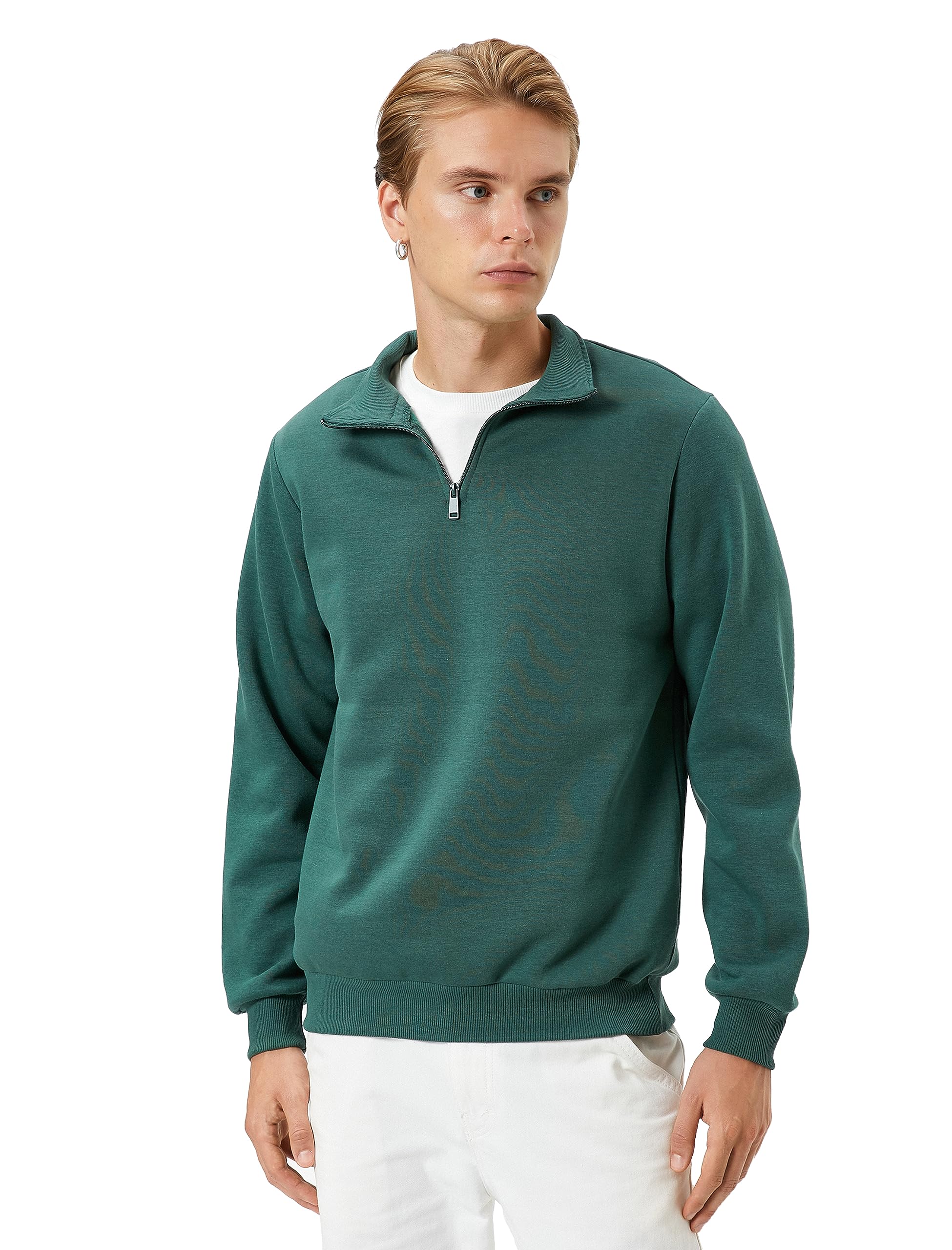 Yarım Fermuarlı Sweatshirt Dik Yaka Uzun Kollu Şardonlu