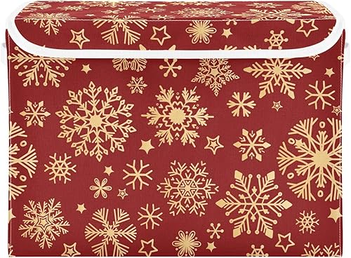 DALAWU Contenedores cestas con tapas, de tela de Navidad de copos de nieve, color rojo, plegable, con tapa, cajas de almacenamiento plegables para