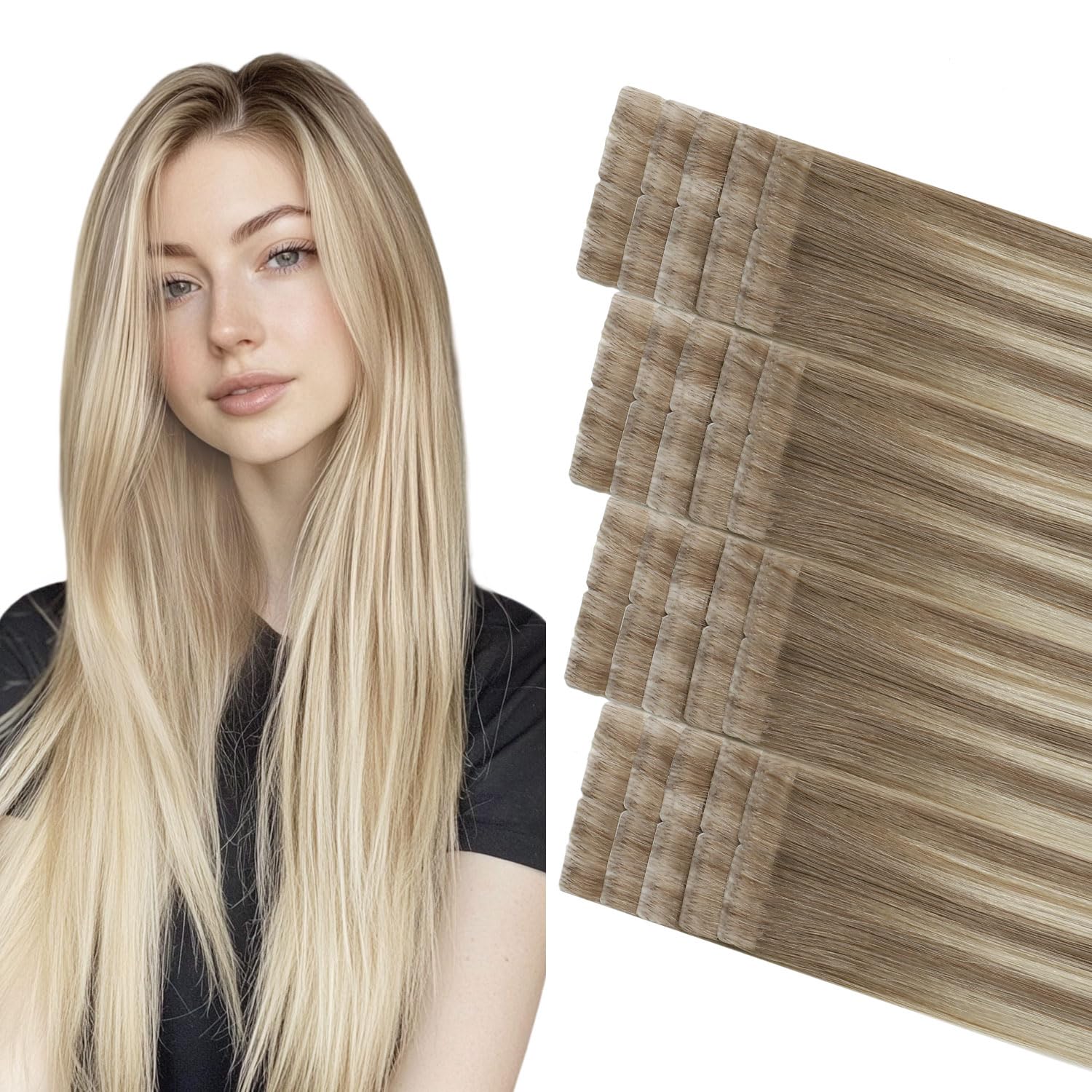 COOKAYU Invisi Edge Tape in Hair Extensions Human Hair, Ash Brown to Platinum Blonde 22Inch 20pcs 50g Straight Remy Seamless Injected Tape in
