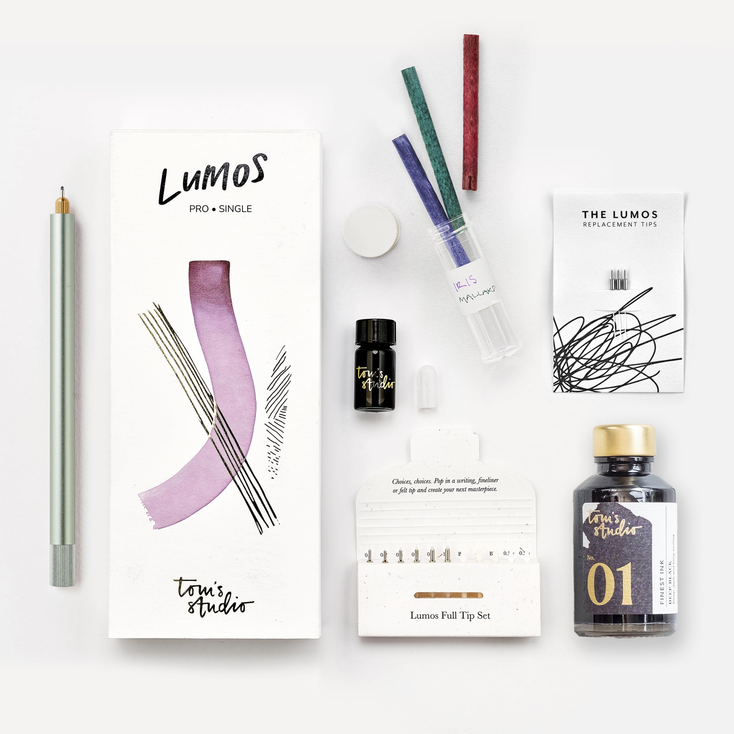 Tom's Studio Lumos Pro Single | Sage | Refillable Creative Pen System | Includes Deep Black Fountain Ink (50ml), 0.05 Fineliner Tips (3pk), Spare Reservoirs & Reservoir Container | Fineliner & Writing