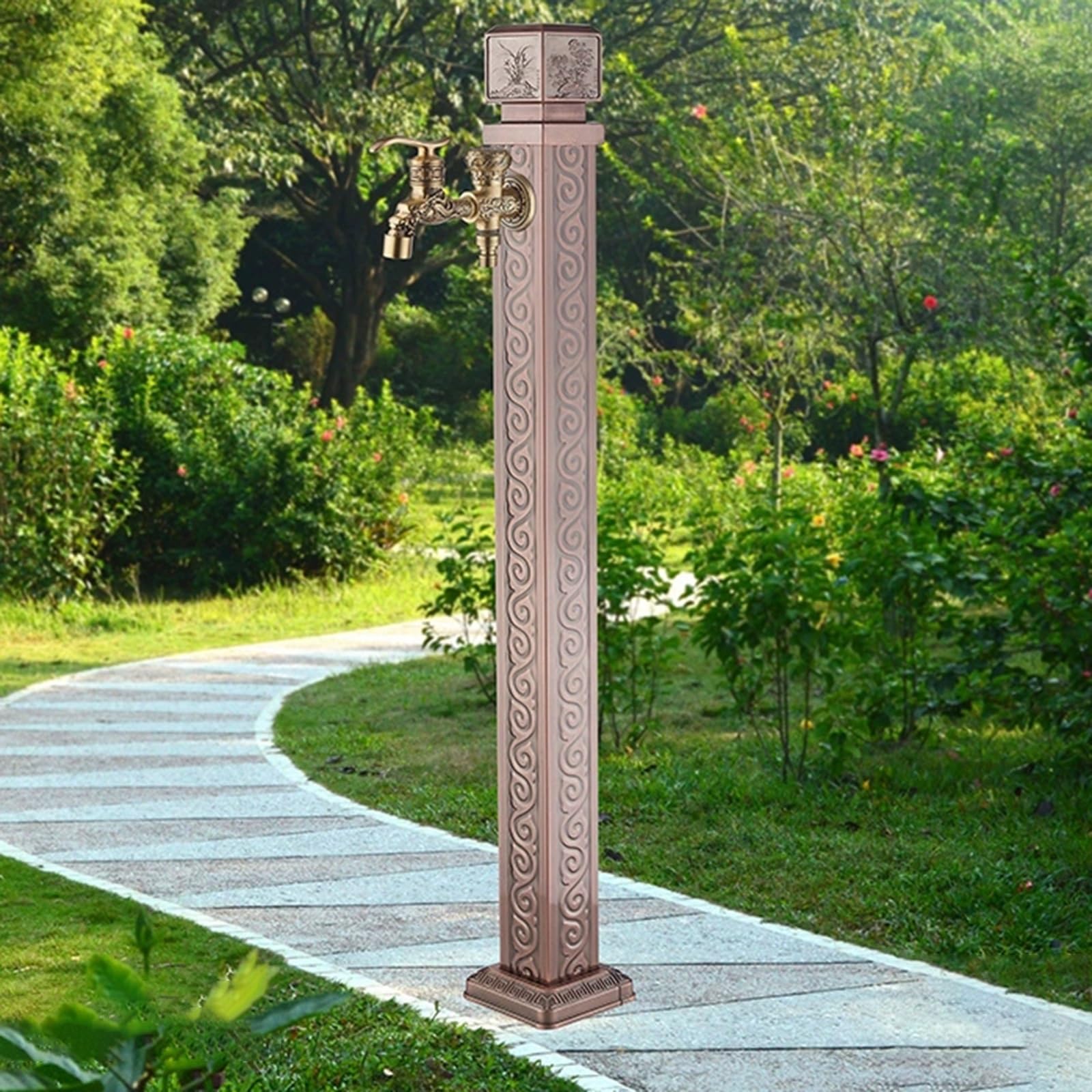 Robinet Exterieur Jardin avec Becs Doubles Sculptés, Robinet Jardin en Cuivre Rouge, Colonne D'eau pour Lavage et Arrosage de Voitures Dans la Cour de la Villa(107cm/42.1in)