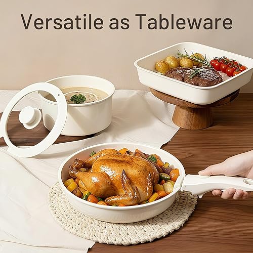 Miniatura 7 de Kikcoin - Juego de ollas y sartenes de cerámica antiadherente - Juego de utensilios de cocina con mango desmontable - Juego de cocina apilable de 25